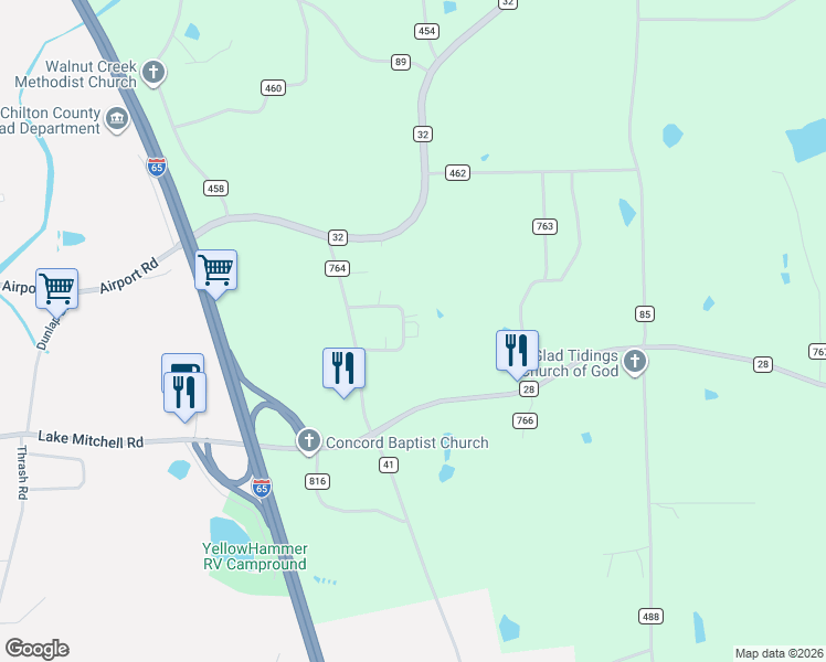 map of restaurants, bars, coffee shops, grocery stores, and more near 310 County Road 765 in Clanton