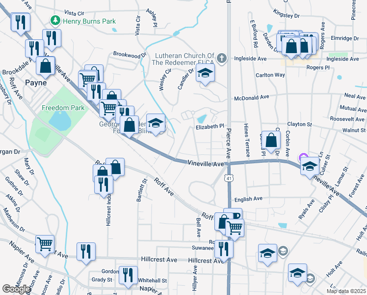 map of restaurants, bars, coffee shops, grocery stores, and more near 133 Desoto Place in Macon