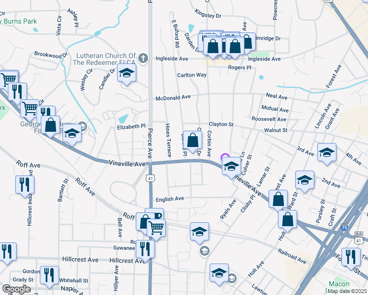 map of restaurants, bars, coffee shops, grocery stores, and more near 134 Buford Place in Macon