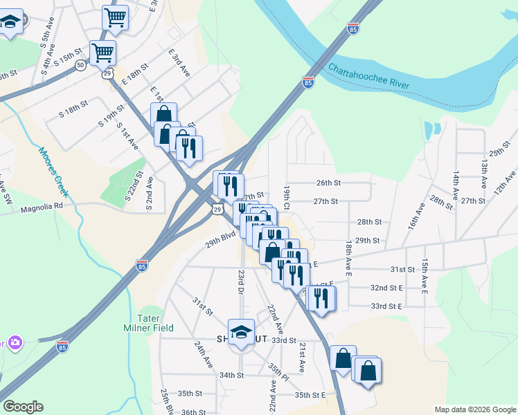 map of restaurants, bars, coffee shops, grocery stores, and more near 1903 19th Avenue in Valley