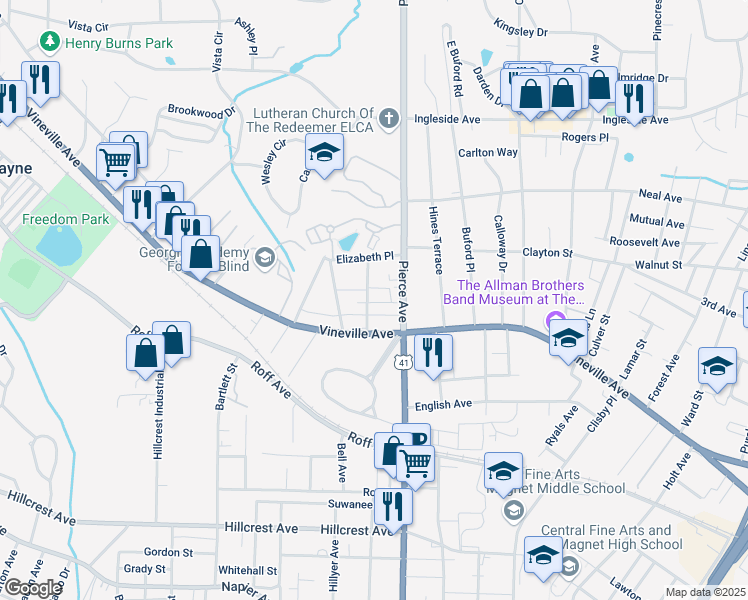 map of restaurants, bars, coffee shops, grocery stores, and more near 133 Stonewall Place in Macon