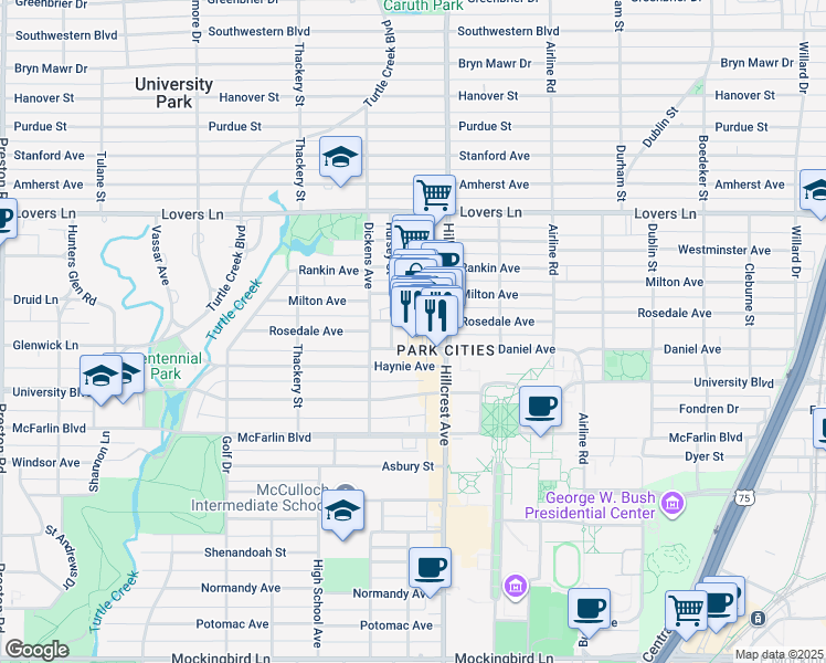 map of restaurants, bars, coffee shops, grocery stores, and more near 6606 Hursey Street in Dallas