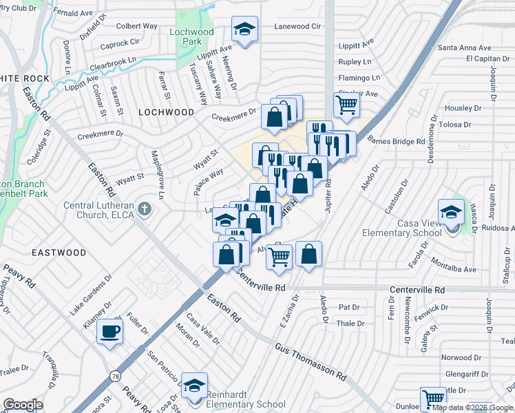 map of restaurants, bars, coffee shops, grocery stores, and more near 10986 Lochmond Circle in Dallas