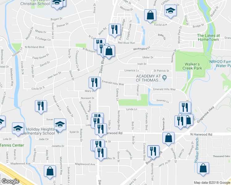 map of restaurants, bars, coffee shops, grocery stores, and more near 5509 Galway Lane in North Richland Hills