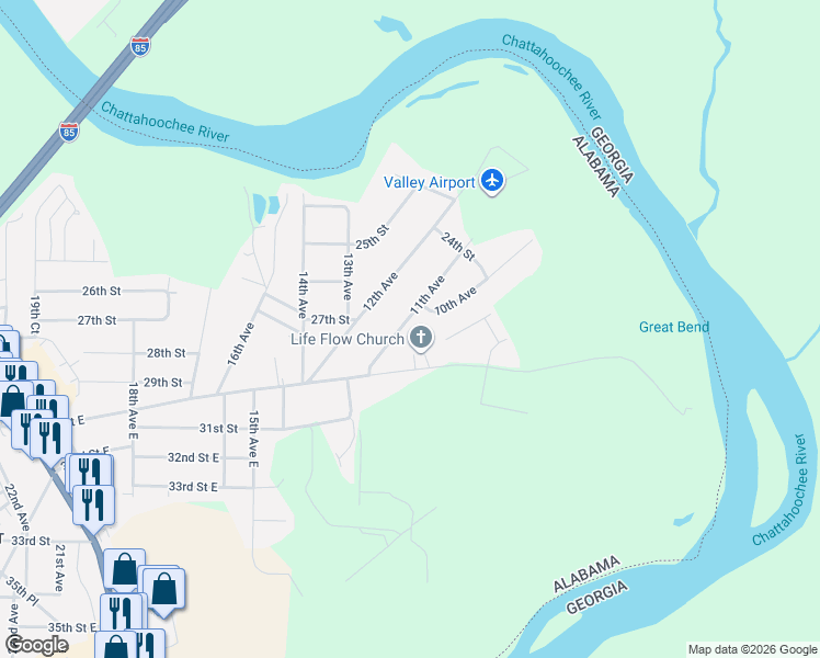 map of restaurants, bars, coffee shops, grocery stores, and more near 2606 11th Avenue in Valley