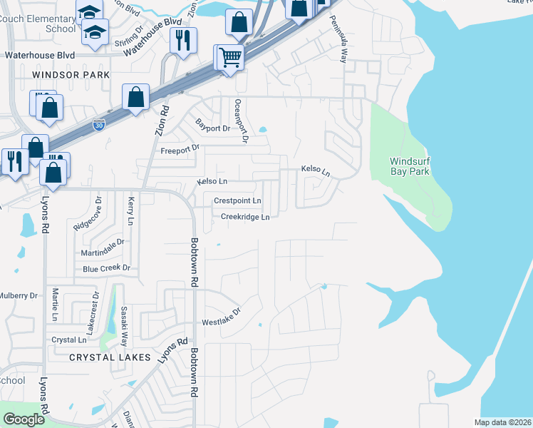 map of restaurants, bars, coffee shops, grocery stores, and more near 4922 Creekridge Lane in Garland