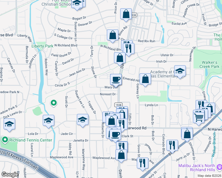 map of restaurants, bars, coffee shops, grocery stores, and more near 7722 Mary Drive in North Richland Hills