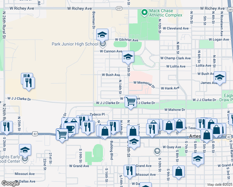 map of restaurants, bars, coffee shops, grocery stores, and more near 1412 West Yucca Avenue in Artesia