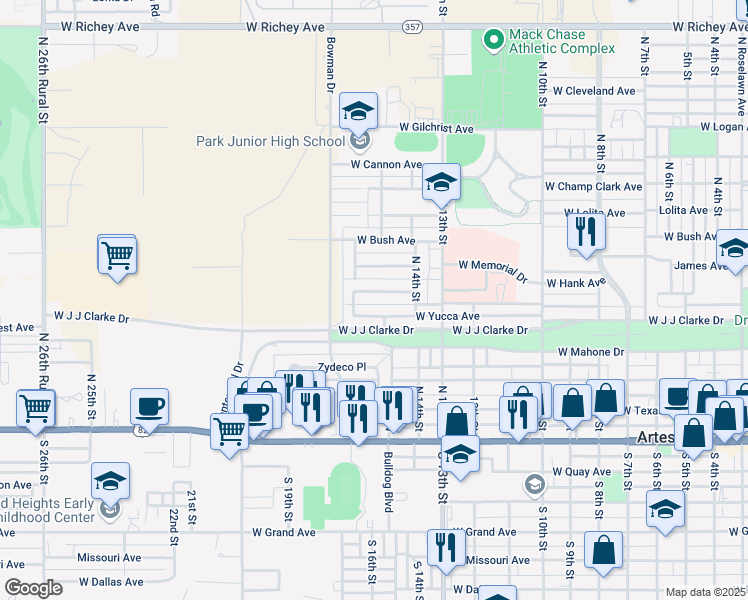 map of restaurants, bars, coffee shops, grocery stores, and more near 1412 West Yucca Avenue in Artesia