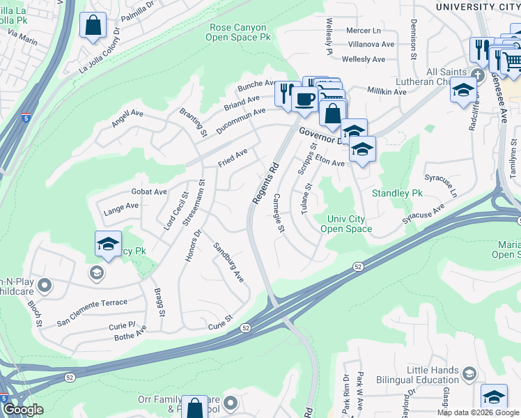 map of restaurants, bars, coffee shops, grocery stores, and more near 3104 Carnegie Court in San Diego