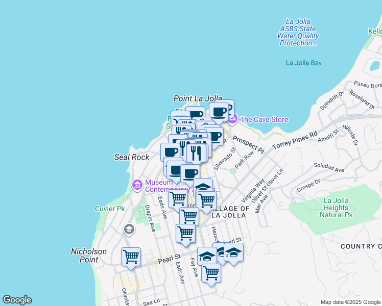 map of restaurants, bars, coffee shops, grocery stores, and more near 1102 Wall Street in San Diego