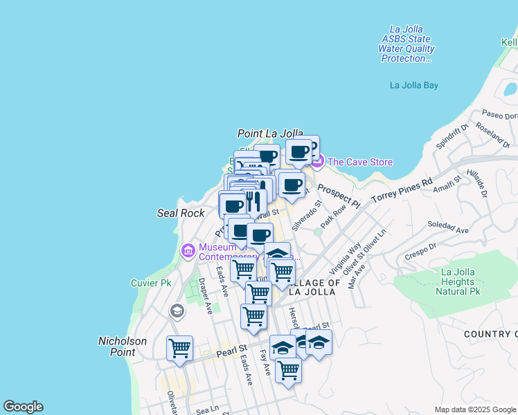 map of restaurants, bars, coffee shops, grocery stores, and more near 7921 Girard Avenue in San Diego