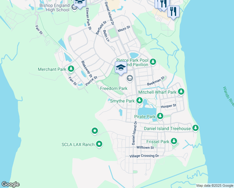 map of restaurants, bars, coffee shops, grocery stores, and more near 1200 Blakeway Street in Charleston