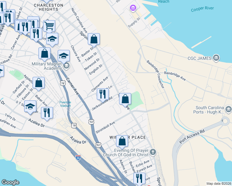 map of restaurants, bars, coffee shops, grocery stores, and more near 1920 Jacksonville Road in North Charleston
