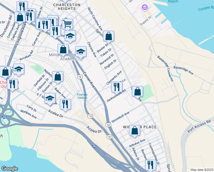 map of restaurants, bars, coffee shops, grocery stores, and more near 2025 Clements Avenue in North Charleston