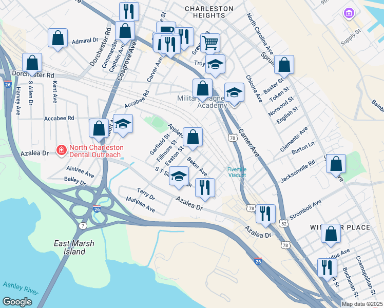 map of restaurants, bars, coffee shops, grocery stores, and more near 2930 Baker Avenue in North Charleston