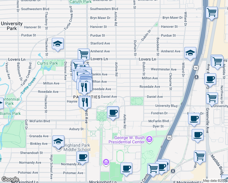 map of restaurants, bars, coffee shops, grocery stores, and more near 6603 Airline Road in Dallas