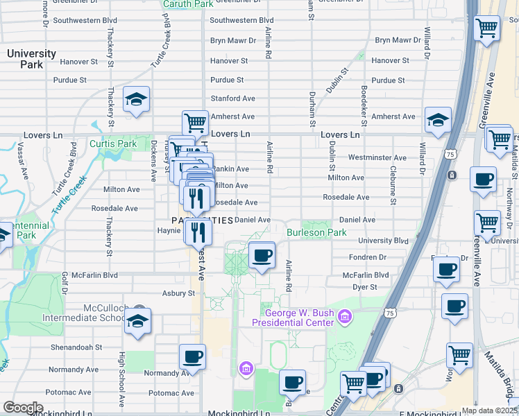 map of restaurants, bars, coffee shops, grocery stores, and more near 6603 Airline Road in Dallas