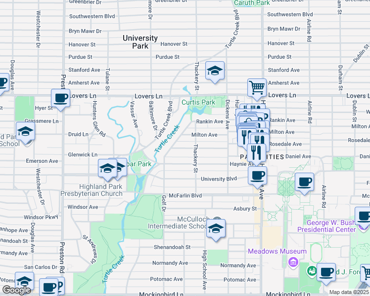 map of restaurants, bars, coffee shops, grocery stores, and more near 3611 Rosedale Avenue in Dallas