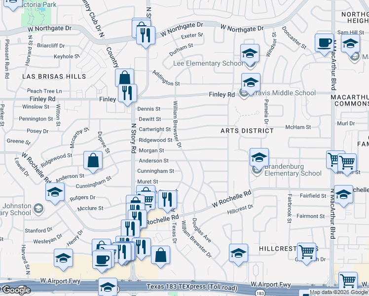 map of restaurants, bars, coffee shops, grocery stores, and more near in Irving
