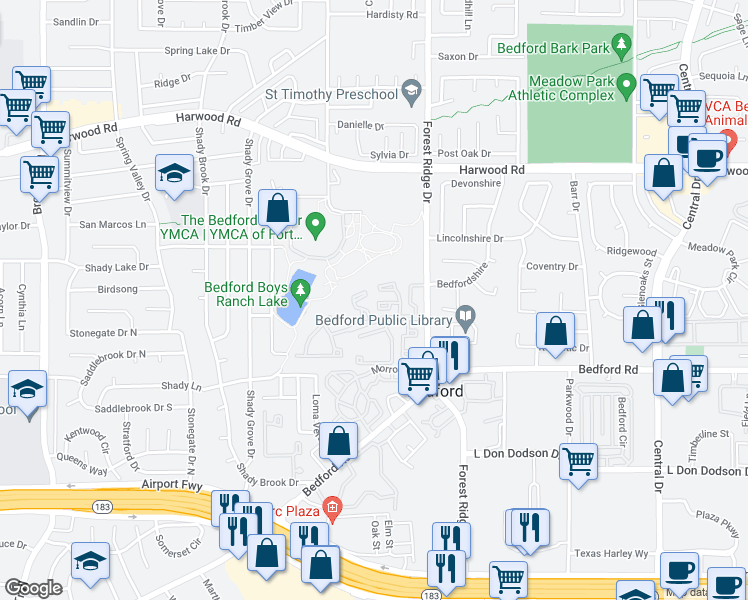 map of restaurants, bars, coffee shops, grocery stores, and more near 1413 Shady Lane in Bedford
