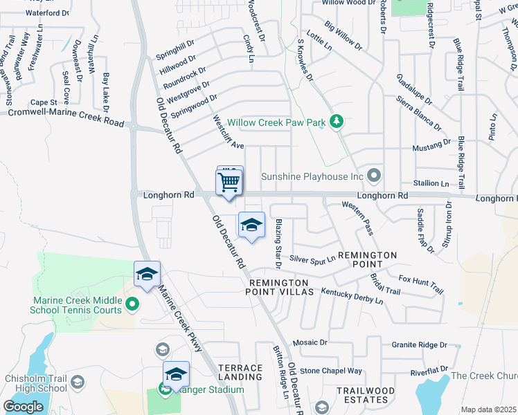 map of restaurants, bars, coffee shops, grocery stores, and more near 1101 Longhorn Road in Fort Worth