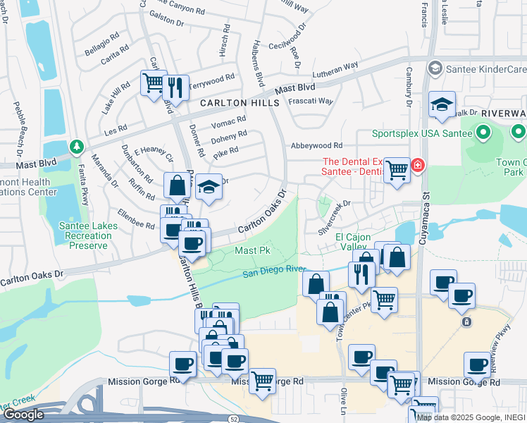 map of restaurants, bars, coffee shops, grocery stores, and more near 9420 Carlton Oaks Drive in Santee