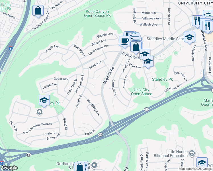 map of restaurants, bars, coffee shops, grocery stores, and more near 3104 Carnegie Court in San Diego