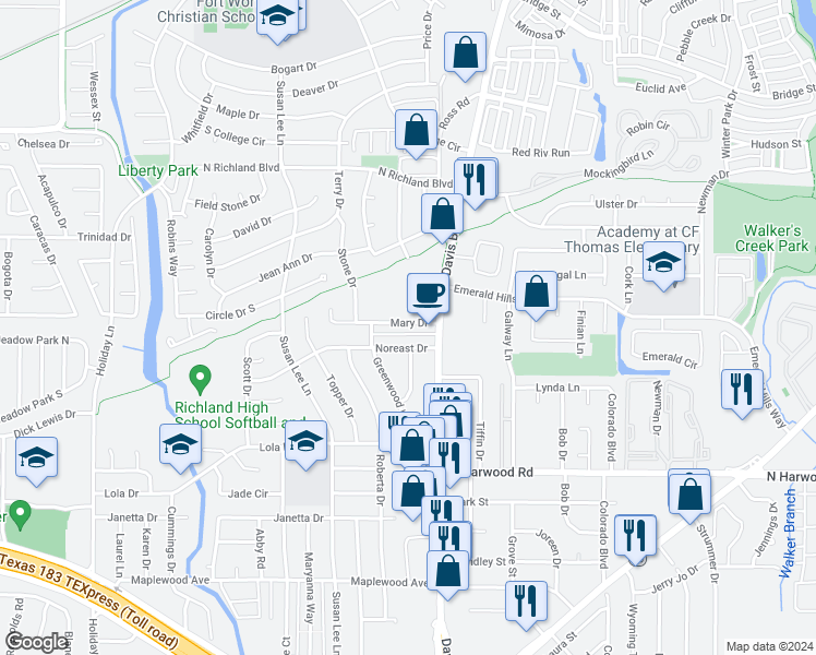 map of restaurants, bars, coffee shops, grocery stores, and more near 7720 Mary Drive in North Richland Hills