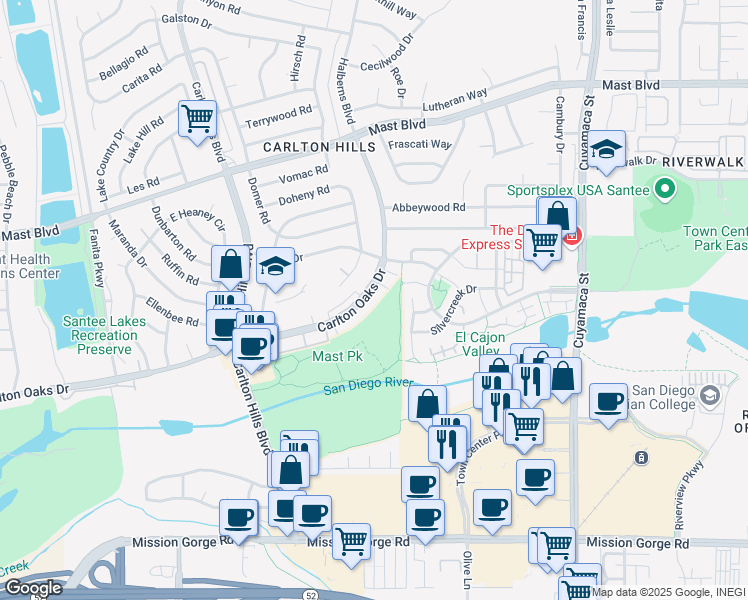 map of restaurants, bars, coffee shops, grocery stores, and more near 9435 Carlton Oaks Drive in Santee