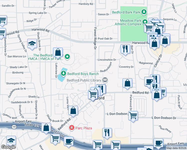 map of restaurants, bars, coffee shops, grocery stores, and more near 1600 Warwickshire Court West in Bedford