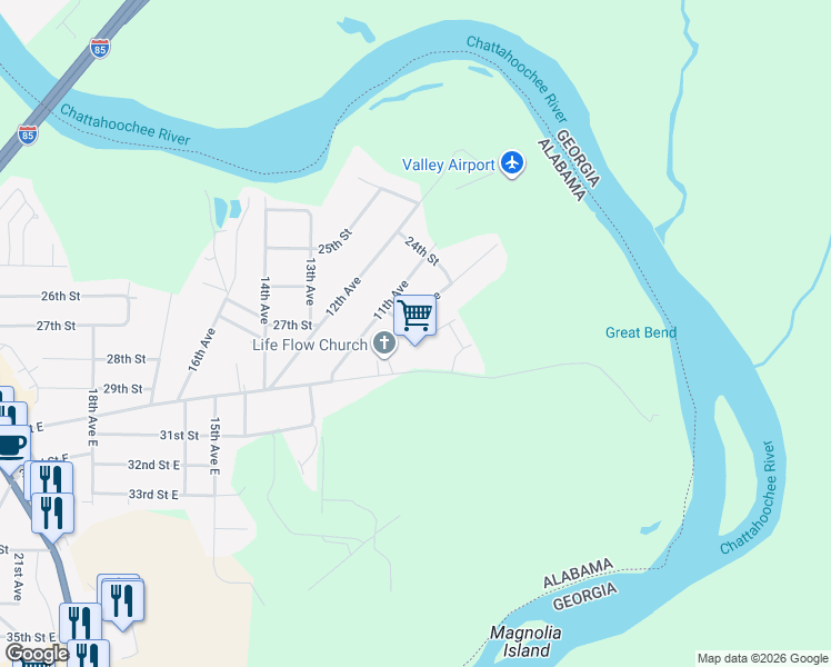 map of restaurants, bars, coffee shops, grocery stores, and more near 2410 Lismore Drive in Valley