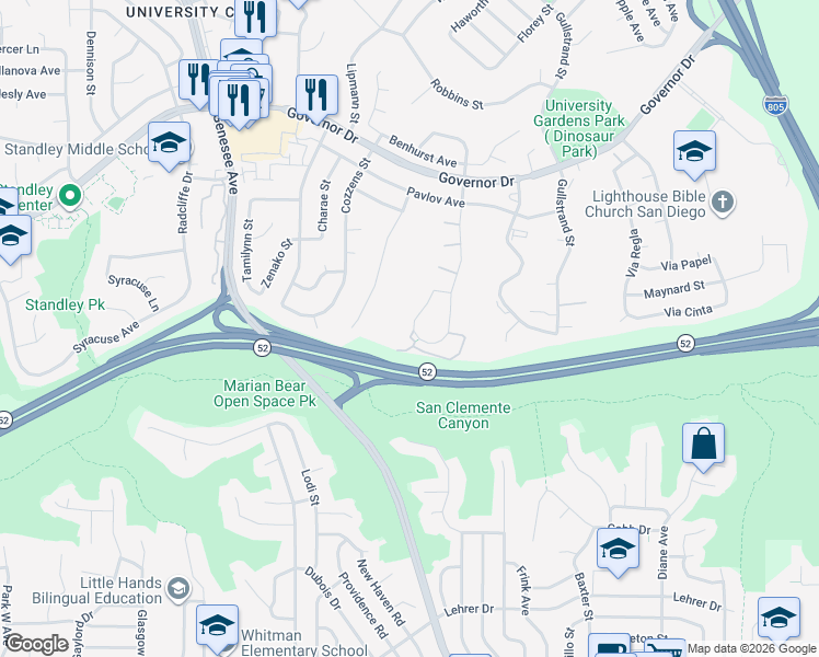 map of restaurants, bars, coffee shops, grocery stores, and more near 5746 Ferber Street in San Diego