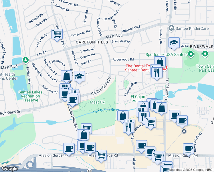 map of restaurants, bars, coffee shops, grocery stores, and more near 9435 Carlton Oaks Drive in Santee