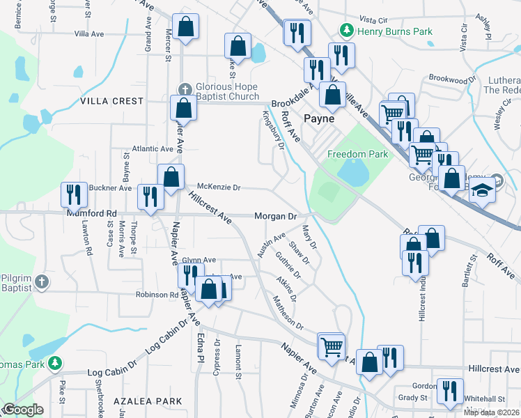 map of restaurants, bars, coffee shops, grocery stores, and more near 3554 Morgan Drive in Macon