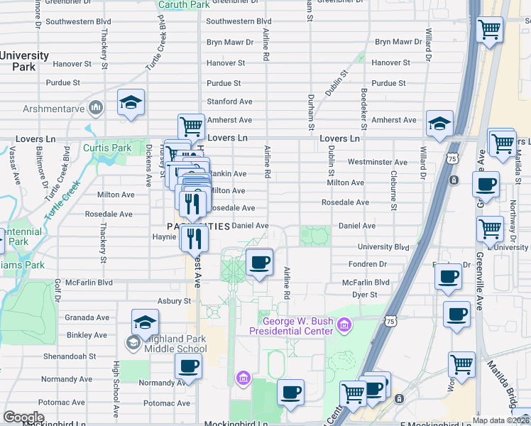 map of restaurants, bars, coffee shops, grocery stores, and more near 6603 Airline Road in Dallas