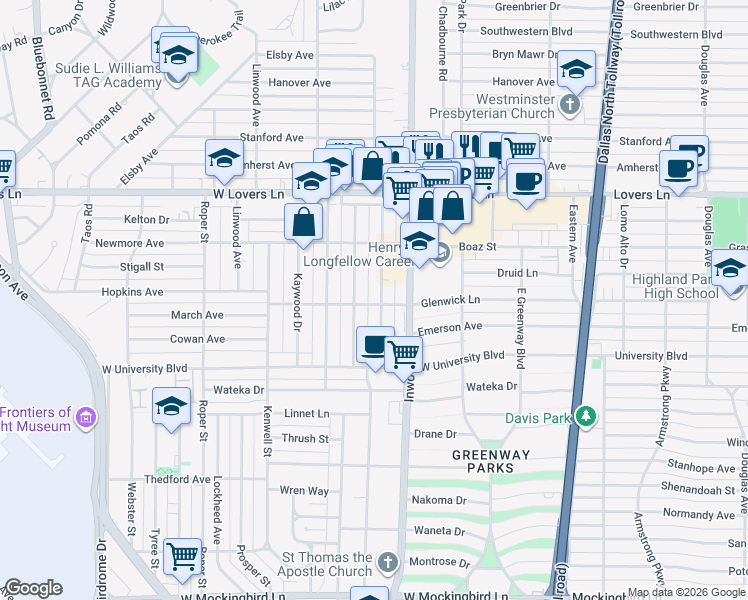 map of restaurants, bars, coffee shops, grocery stores, and more near 7418 Morton Street in Dallas