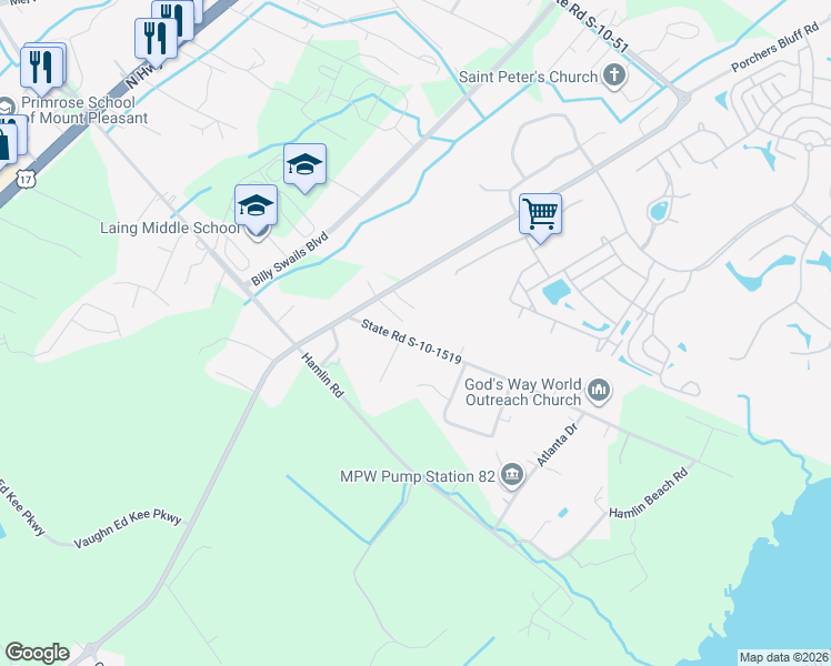 map of restaurants, bars, coffee shops, grocery stores, and more near 1426 State Road S-10-1519 in Mount Pleasant