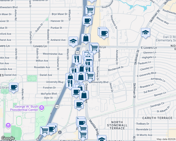 map of restaurants, bars, coffee shops, grocery stores, and more near 4914 Greenville Avenue in Dallas