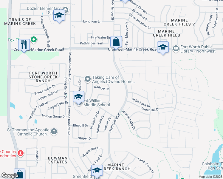 map of restaurants, bars, coffee shops, grocery stores, and more near 5848 Red Drum Drive in Fort Worth