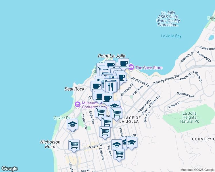 map of restaurants, bars, coffee shops, grocery stores, and more near 1102 Wall Street in San Diego