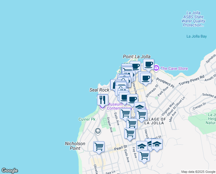 map of restaurants, bars, coffee shops, grocery stores, and more near Coast Blvd & Jenner St in San Diego