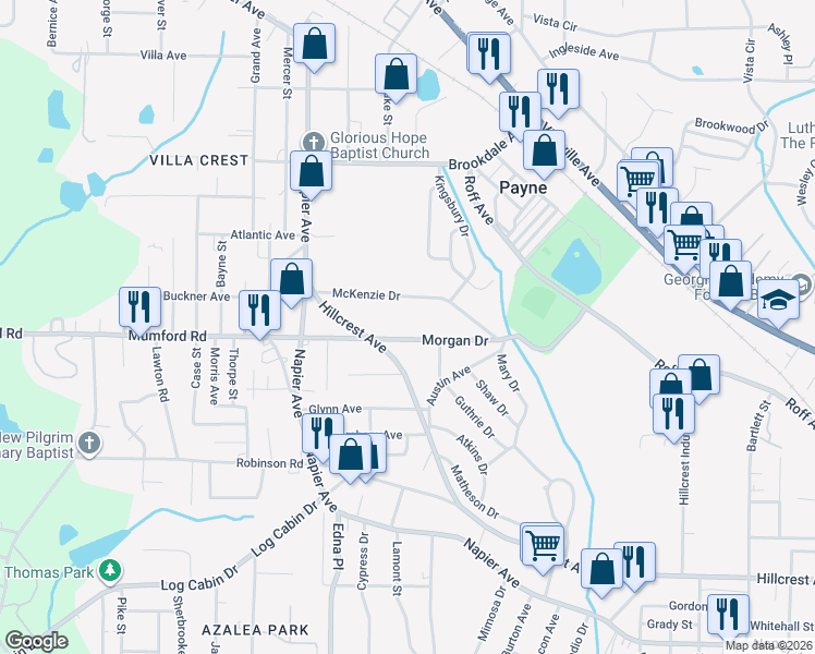 map of restaurants, bars, coffee shops, grocery stores, and more near 3554 Morgan Drive in Macon