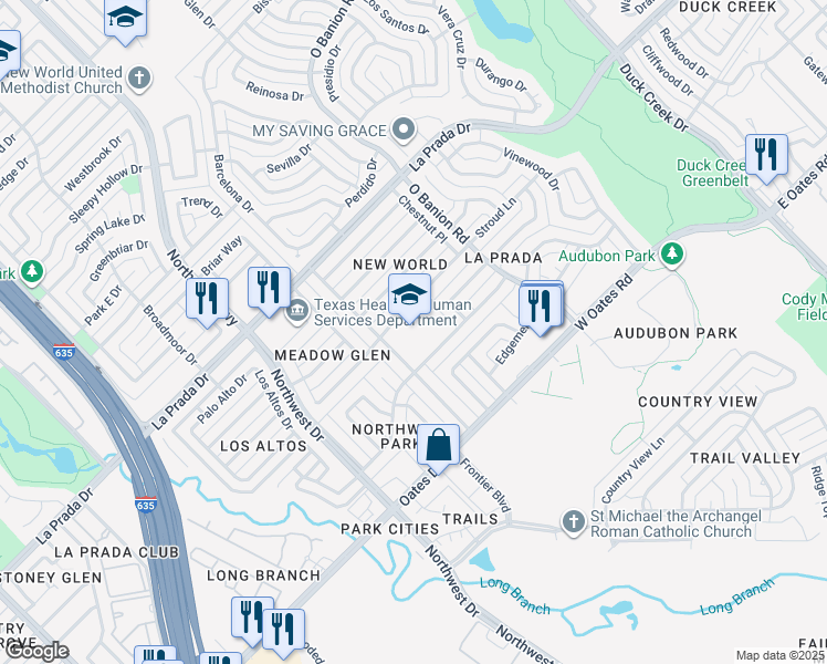 map of restaurants, bars, coffee shops, grocery stores, and more near 633 Grinnell Drive in Garland