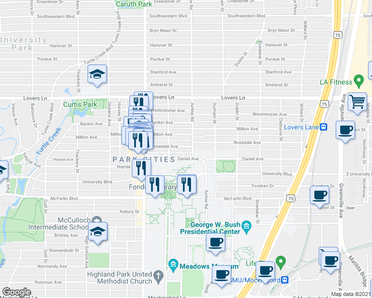 map of restaurants, bars, coffee shops, grocery stores, and more near 6603 Airline Road in Dallas