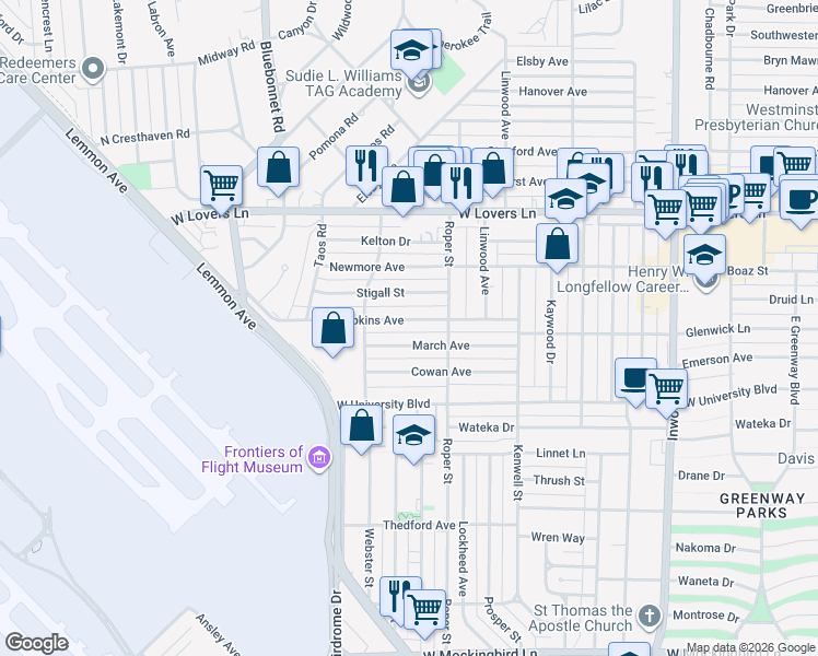 map of restaurants, bars, coffee shops, grocery stores, and more near 4617 March Avenue in Dallas