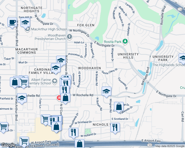 map of restaurants, bars, coffee shops, grocery stores, and more near 3101 Bryn Mawr Drive in Irving
