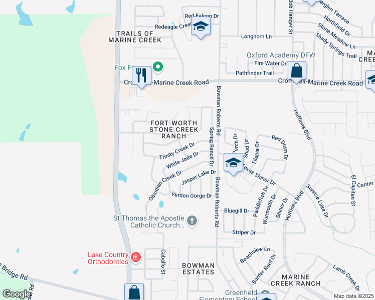 map of restaurants, bars, coffee shops, grocery stores, and more near 6265 Trinity Creek Drive in Fort Worth