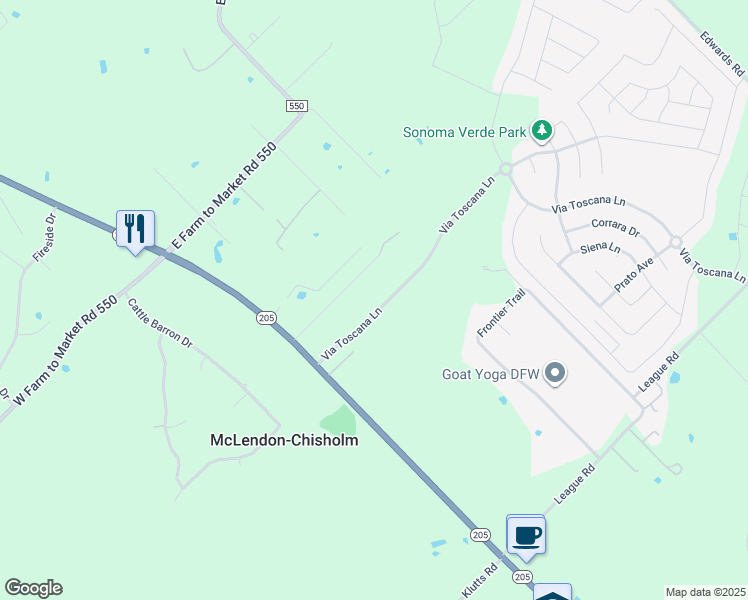 map of restaurants, bars, coffee shops, grocery stores, and more near 1136 Via Toscana Lane in Rockwall