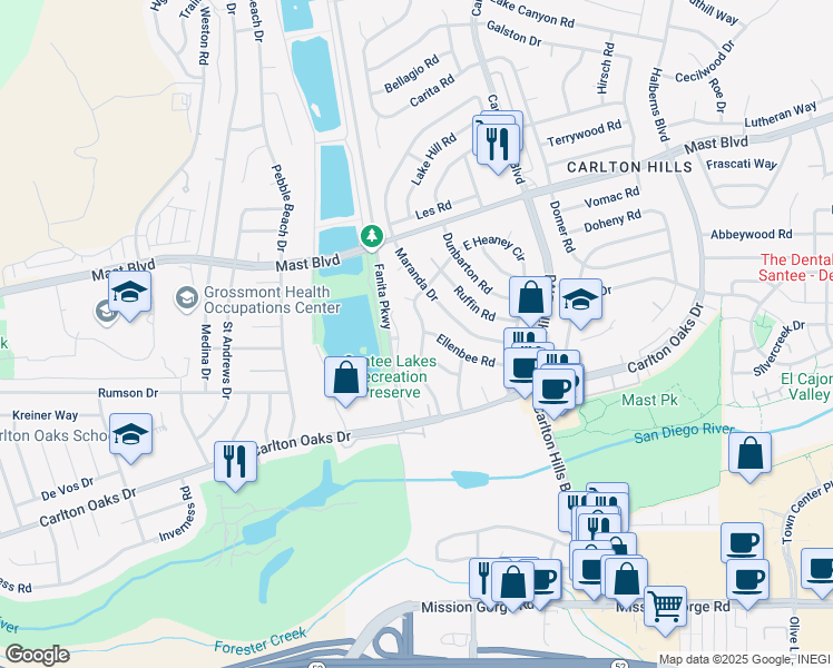 map of restaurants, bars, coffee shops, grocery stores, and more near 9406 West Heaney Circle in Santee